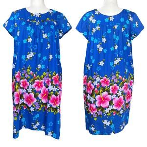 VTG 60S / 70S BLUE & PINK HIBISCUS HAWAIIAN DRESS